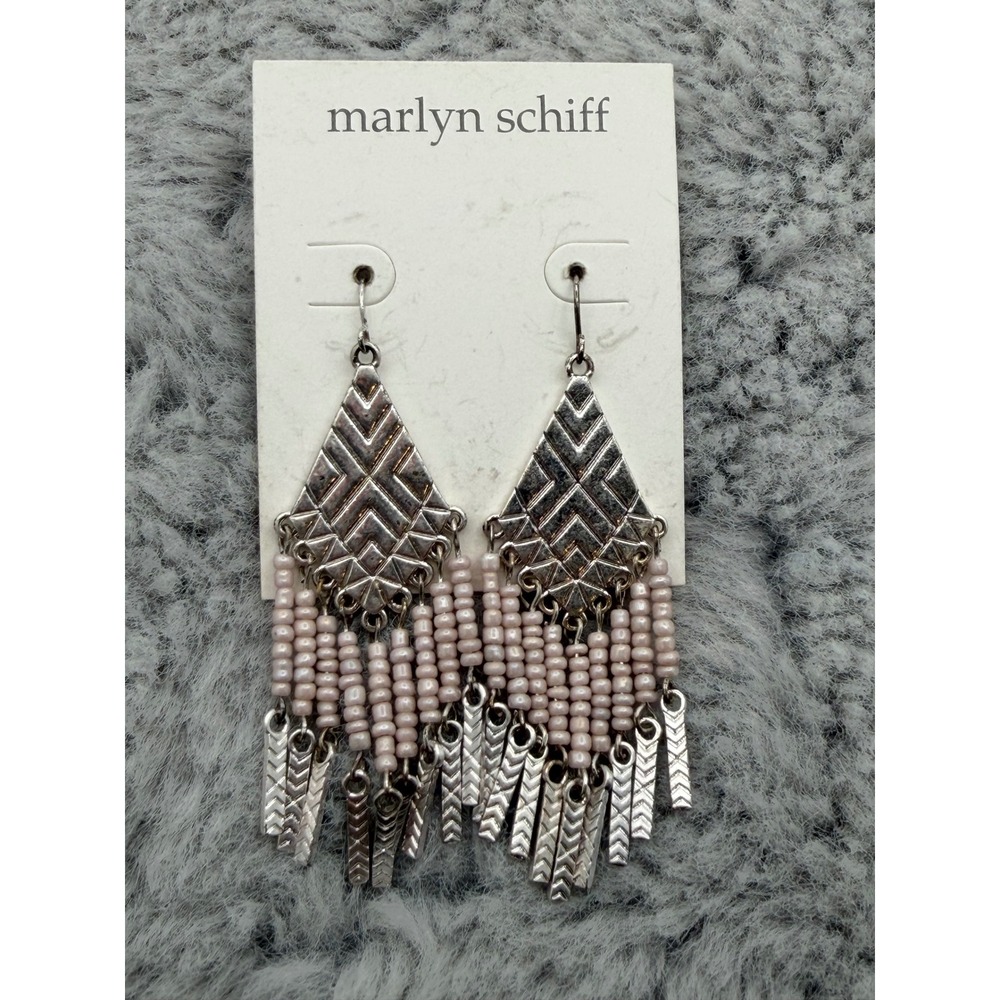 Marlyn Schiff Earrings OS Pink Silver Tone Beaded Geometric Fringe Boho NEW